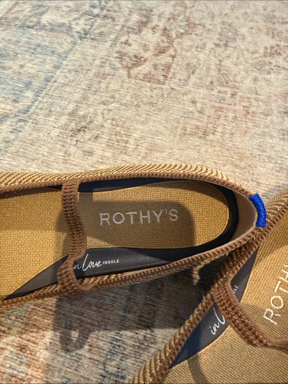 Rothy's Tan Knit Mary Jane Flats with Blue Heel Tab - Picture 4 of 5